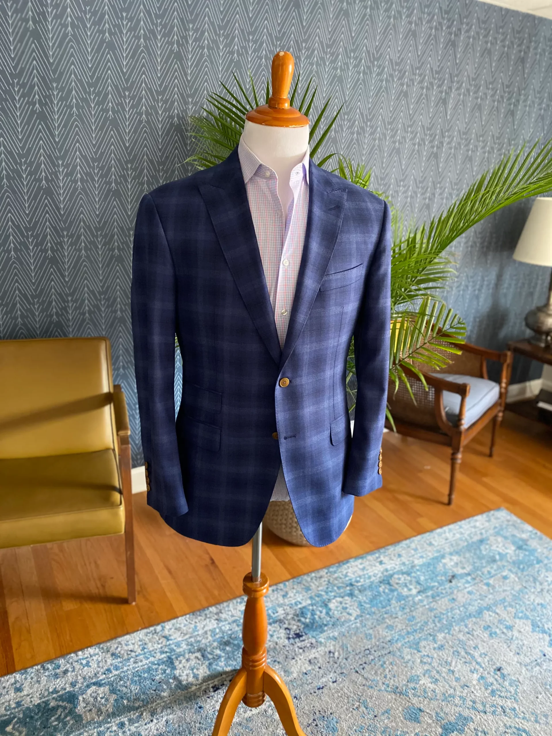 Navy windowpane custom blazer on a tailor's form