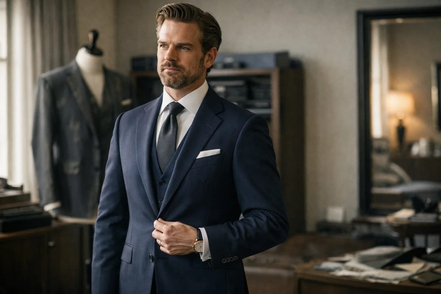 A well dressed man during a private bespoke suit fitting, tailor adjusting a jacket with precision