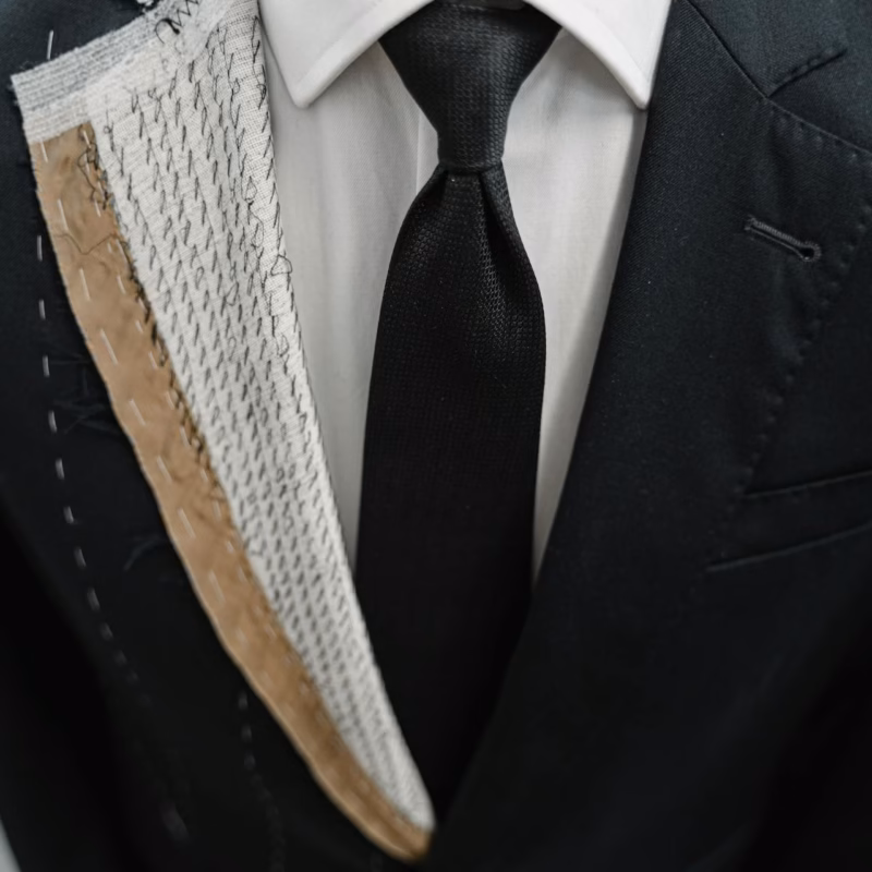 Close-up of a tailored suit in an atelier showing intricate craftsmanship.