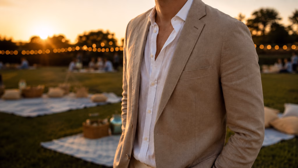 Close-up of a man wearing a tan sport coat over an open-collar white shirt at an outdoor golden-hour picnic with blurred string lights and blankets in the background.